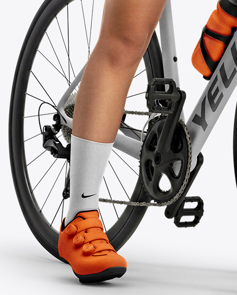 Woman Wearing Full Cycling Kit with Road Bike Mockup