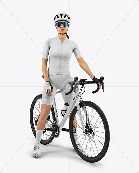 Woman Wearing Full Cycling Kit with Road Bike Mockup