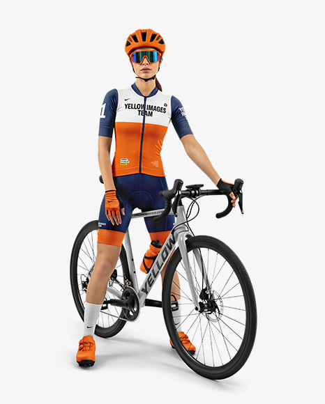 Woman Wearing Full Cycling Kit with Road Bike Mockup