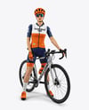 Woman Wearing Full Cycling Kit with Road Bike Mockup