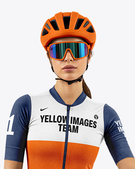 Woman Wearing Full Cycling Kit with Road Bike Mockup