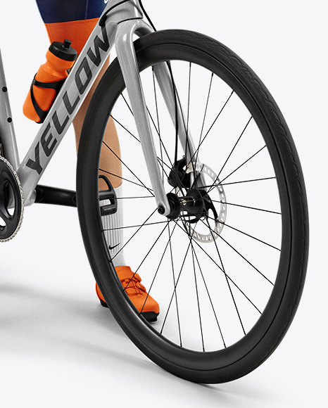 Woman Wearing Full Cycling Kit with Road Bike Mockup