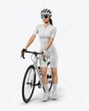 Woman Wearing Full Cycling Kit with Road Bike Mockup