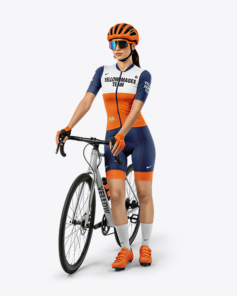 Woman Wearing Full Cycling Kit with Road Bike Mockup