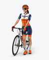 Woman Wearing Full Cycling Kit with Road Bike Mockup