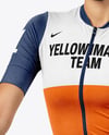 Woman Wearing Full Cycling Kit with Road Bike Mockup