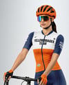 Woman Wearing Full Cycling Kit with Road Bike Mockup