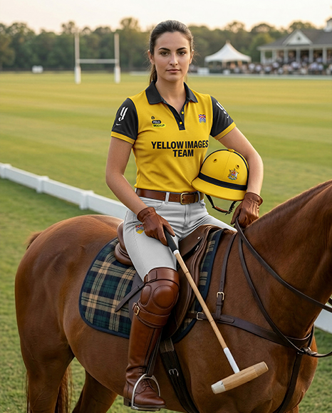 Woman Wearing Full Polo Kit on Horse Mockup