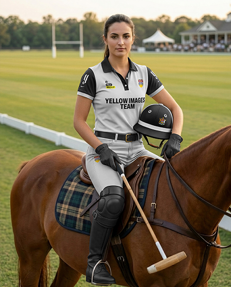Woman Wearing Full Polo Kit on Horse Mockup