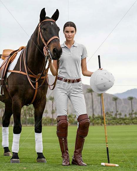 Woman Wearing Full Polo Kit with Horse Mockup