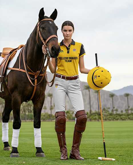 Woman Wearing Full Polo Kit with Horse Mockup