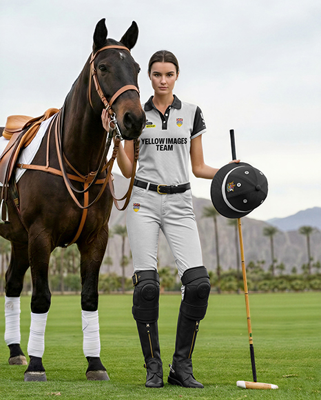 Woman Wearing Full Polo Kit with Horse Mockup