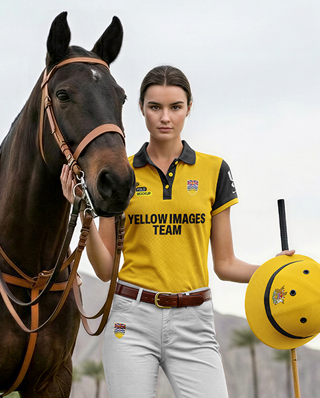 Woman Wearing Full Polo Kit with Horse Mockup