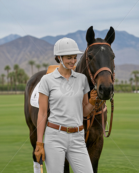 Woman Wearing Full Polo Kit with Horse Mockup