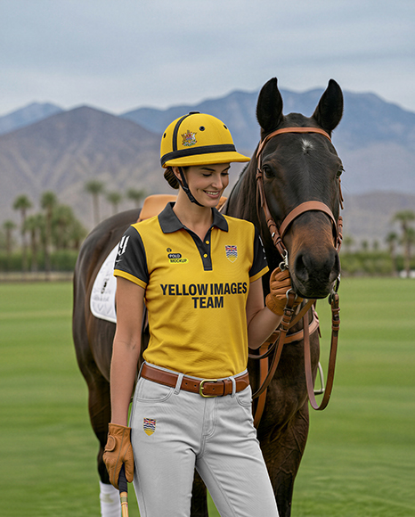 Woman Wearing Full Polo Kit with Horse Mockup