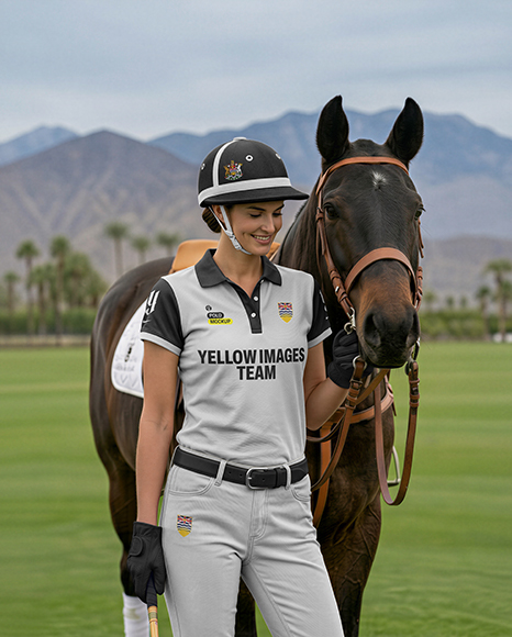 Woman Wearing Full Polo Kit with Horse Mockup