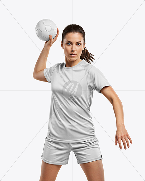 Woman Wearing Handball Kit with Ball Mockup