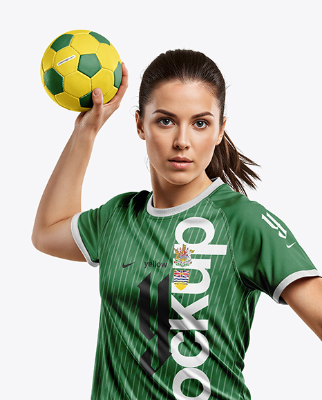 Woman Wearing Handball Kit with Ball Mockup