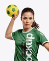 Woman Wearing Handball Kit with Ball Mockup