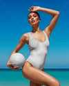 Woman Wearing One Piece Swimsuit with Volleyball Mockup
