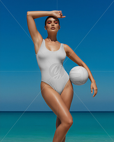 Woman Wearing One Piece Swimsuit with Volleyball Mockup
