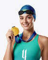 Woman Wearing Swimming Legsuit with Medal Mockup