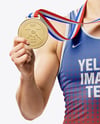 Woman Wearing Wrestling Uniform with Medal Mockup