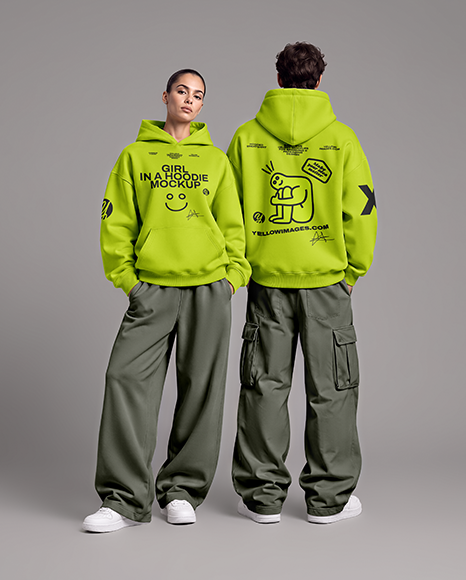 Young Couple Wearing Oversized Hoodie Mockup