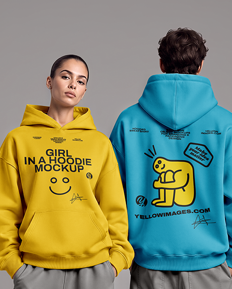 Young Couple Wearing Oversized Hoodie Mockup