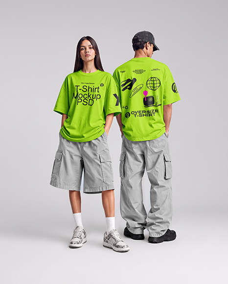 Young Couple Wearing Oversized T-Shirts Mockup