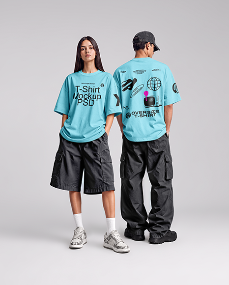 Young Couple Wearing Oversized T-Shirts Mockup