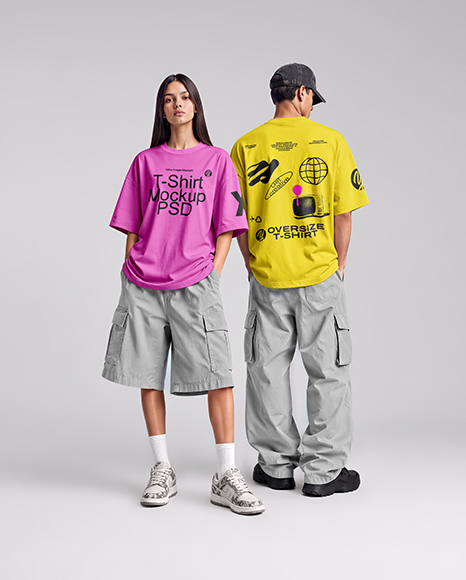 Young Couple Wearing Oversized T-Shirts Mockup