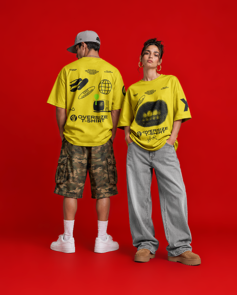 Young Couple Wearing Oversized T-Shirts Mockup