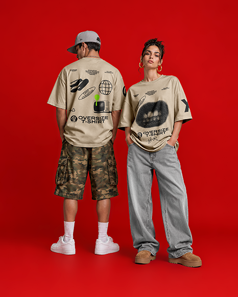 Young Couple Wearing Oversized T-Shirts Mockup