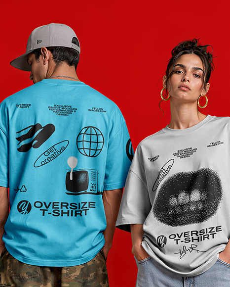 Young Couple Wearing Oversized T-Shirts Mockup