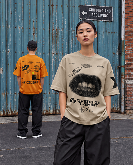 Young Couple Wearing Oversized T-Shirts Mockup