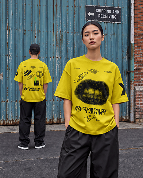 Young Couple Wearing Oversized T-Shirts Mockup