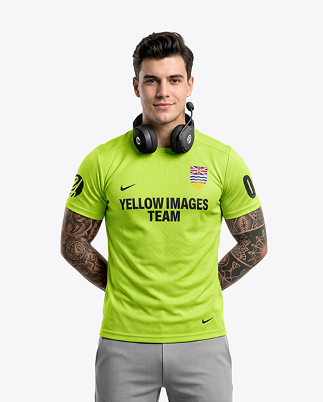 Man Wearing T-Shirt with Headphones Mockup