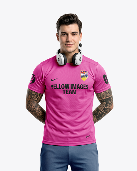 Man Wearing T-Shirt with Headphones Mockup