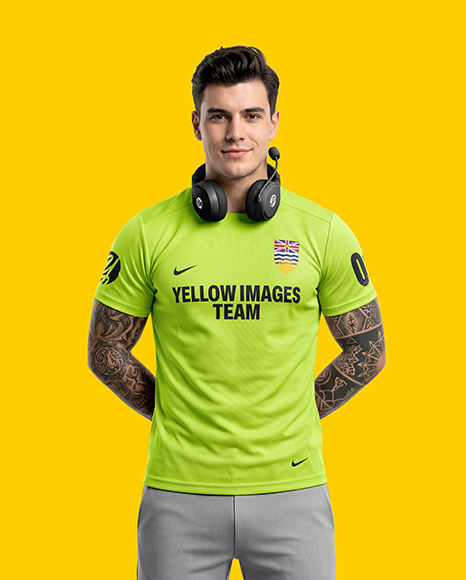 Man Wearing T-Shirt with Headphones Mockup