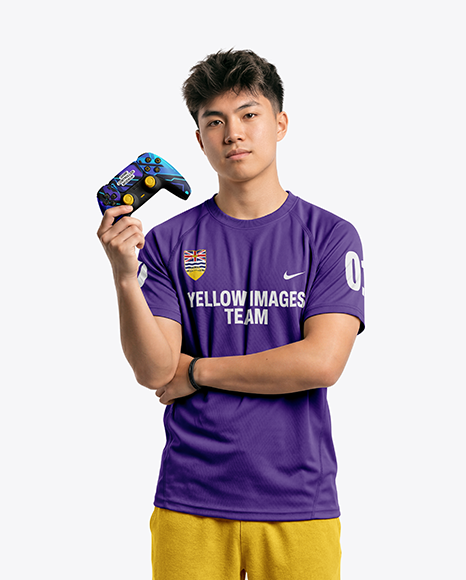 Young Asian Man with Game Controller Wearing eSports Jersey Mockup