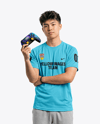 Young Asian Man with Game Controller Wearing eSports Jersey Mockup