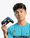 Young Asian Man with Game Controller Wearing eSports Jersey Mockup