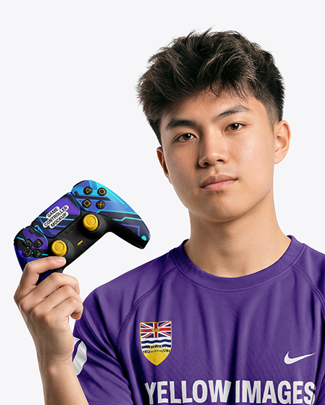 Young Asian Man with Game Controller Wearing eSports Jersey Mockup