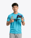 Young Asian Man with Game Controller Wearing eSports Jersey Mockup