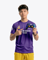 Young Asian Man with Game Controller Wearing eSports Jersey Mockup