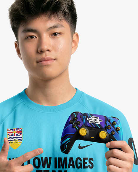 Young Asian Man with Game Controller Wearing eSports Jersey Mockup