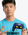 Young Asian Man with Game Controller Wearing eSports Jersey Mockup