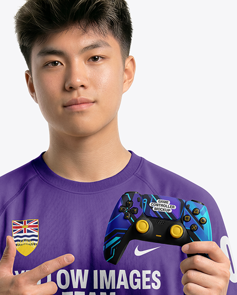 Young Asian Man with Game Controller Wearing eSports Jersey Mockup