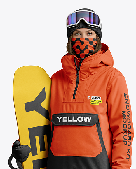 Young Woman Wearing Full Snowboard Kit Mockup